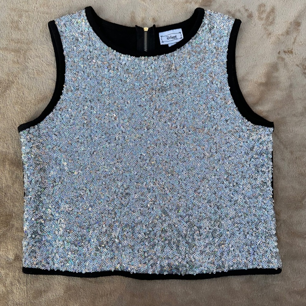 D-Signed Disney Sequin Tank Top Girls M 10/12 Silver Black Zipper‎ Excellent